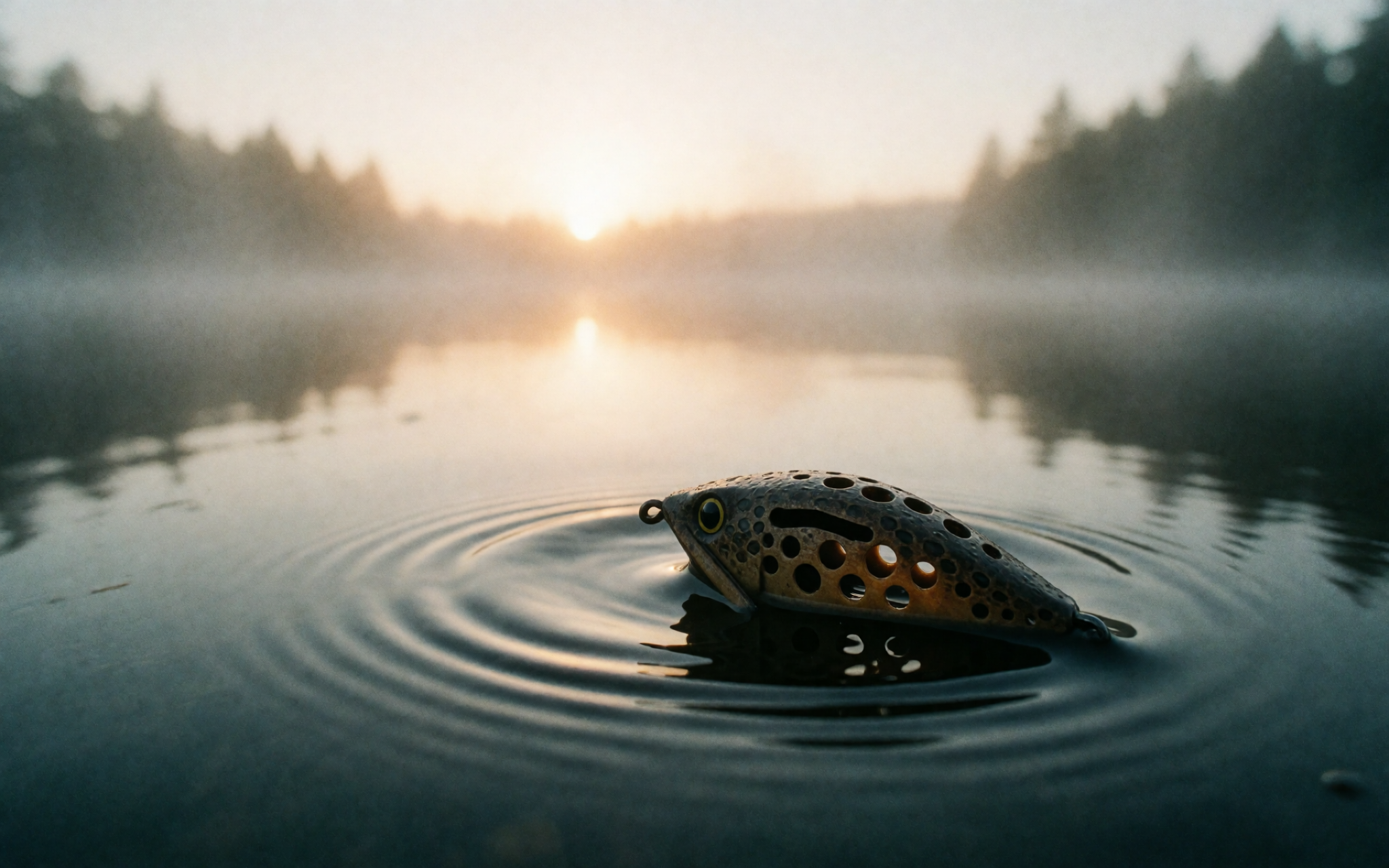 A frog lure resting on glassy dawn water